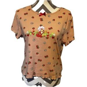 Strawberry Shortcake Shirt Peach XL Red Bow Scalloped Hem Y2K Girlie Daisy